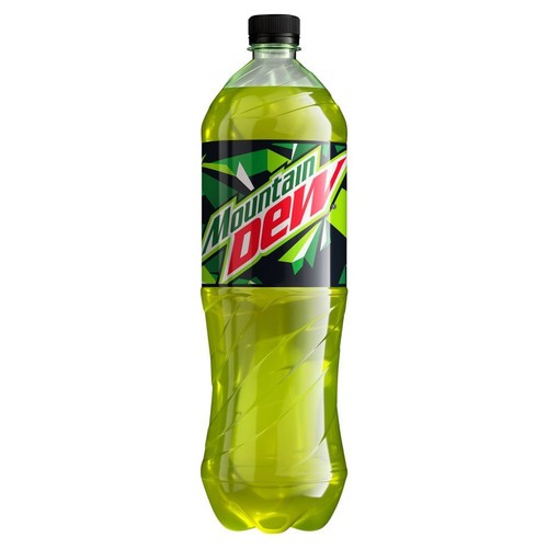 Plastikowa butelka napoju Mountain Dew o pojemności 2 litrów. Etykieta z logo.