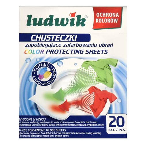 Opakowanie chusteczek Ludwik do prania, chroniących kolory. Zawiera 20 sztuk. Grafika przedstawia pranie bez sortowania.