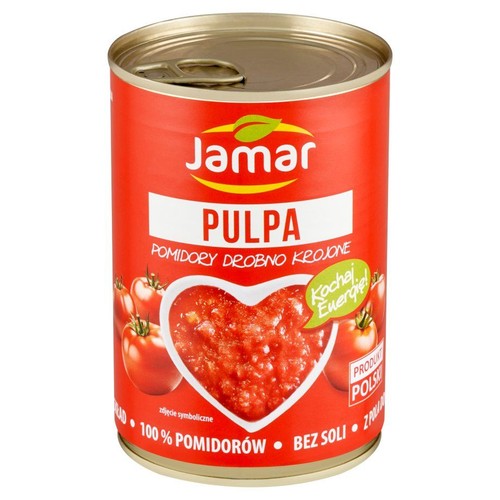 Czerwona puszka Jamar Pulpa, pomidory drobno krojone. Etykieta z sercem z pomidorów, napisem "100% pomidorów" i "Bez soli".