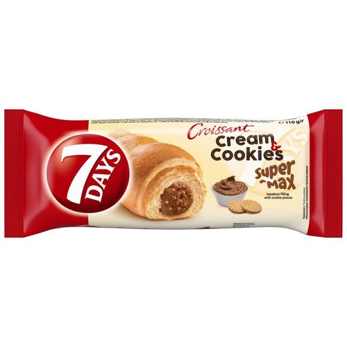 Opakowanie 7 Days Croissant Cream & Cookies Super Max, 110g. Widoczny rogalik z nadzieniem orzechowym i kawałkami ciastek.