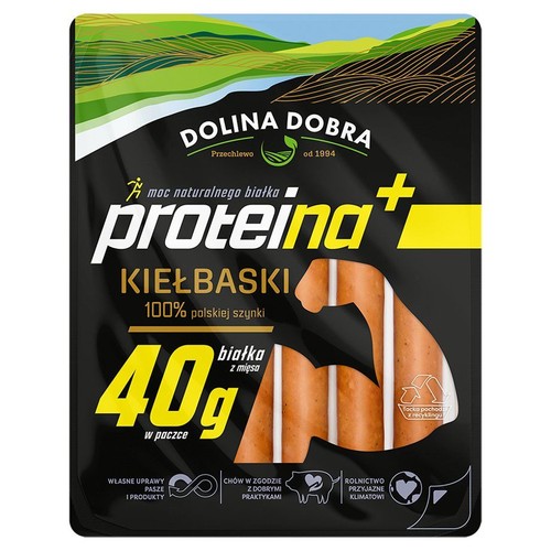 Opakowanie kiełbasek Dolina Dobra Proteina+ ze 100% polskiej szynki. Zawiera 40g białka. Czarne opakowanie z grafiką mięśni.