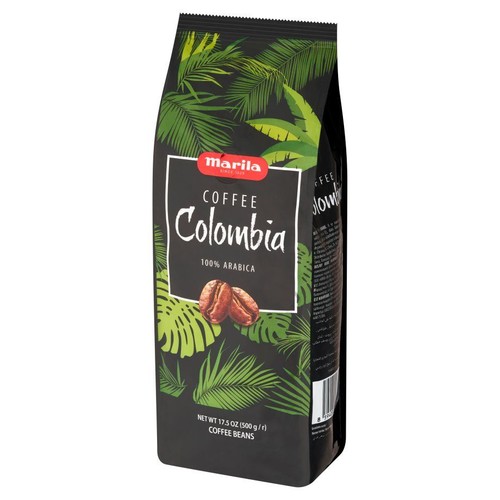 Opakowanie kawy ziarnistej Marila Colombia, 100% Arabica, waga netto 500g. Czarna torebka z zielonymi liśćmi.