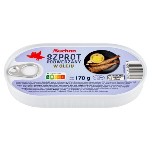 Owalna puszka szprotów Auchan podwędzanych w oleju, masa netto 170 g. Z otwieraczem typu easy-open.