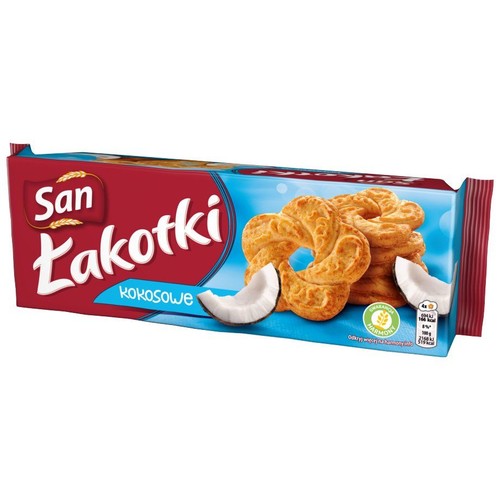 Opakowanie ciastek San Łakotki kokosowe. Czerwono-niebieskie opakowanie z grafiką złotych ciastek i kawałków kokosa.