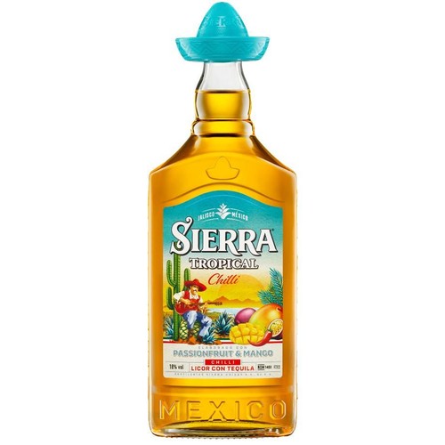 Butelka likieru Sierra Tropical Chilli z tequilą, o smaku marakui i mango. Ma 18% alkoholu i niebieskie sombrero na korku.