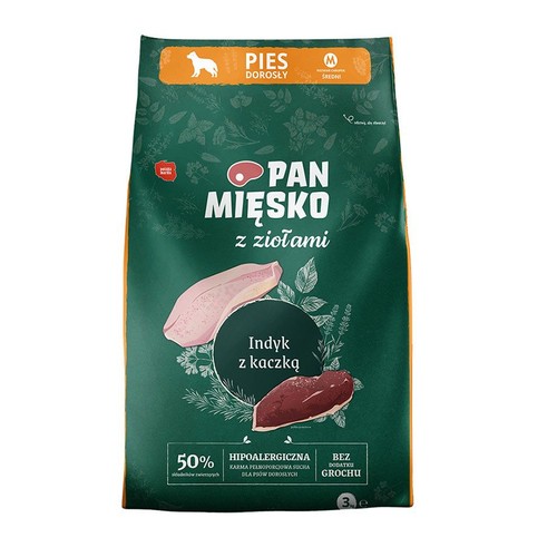 Karma sucha dla psów z ziołami indyk z kaczką  Pan Mięsko 3 kg
