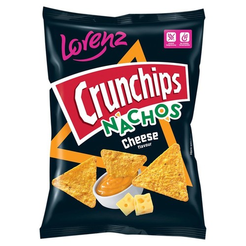 Opakowanie Lorenz Crunchips Nachos o smaku sera. Na grafice chrupki kukurydziane, sos serowy i ser. Bez konserwantów.