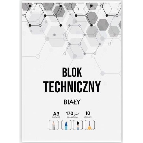 Biały blok techniczny w formacie A3, zawierający 10 arkuszy o gramaturze 170 g/m². Na górze okładki znajduje się abstrakcyjny wzór z połączonych heksagonów. Na dole ikony symbolizujące różne techniki plastyczne.