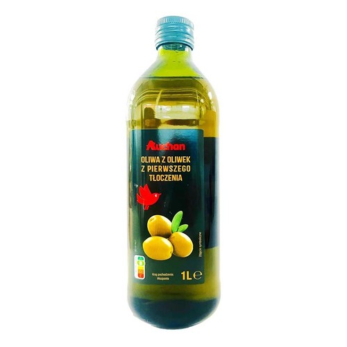 Auchan Oliwa z oliwek z pierwszego tłoczenia, 1 litr. Butelka z etykietą przedstawiającą oliwki i ptaka. Kraj pochodzenia: Hiszpania.