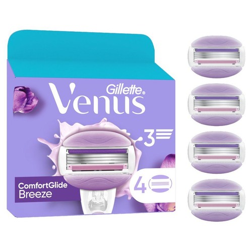 Opakowanie 4 wkładów do maszynki Gillette Venus ComfortGlide Breeze z 3 ostrzami. Fioletowe wkłady i pudełko.