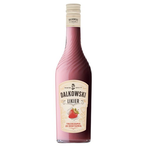 Produkt Dalkowski Likier Truskawka ze Śmietanką w szklanej butelce. Butelka ma charakterystyczny, spiralny kształt szyjki. Na etykiecie w kolorze kremowym widnieje nazwa marki, informacja o smaku oraz rysunek truskawki na śmietance.