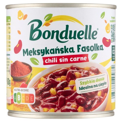 Puszka Bonduelle z fasolką meksykańską chili sin carne, 450g. Grafika gotowego dania z fasolą i kukurydzą.