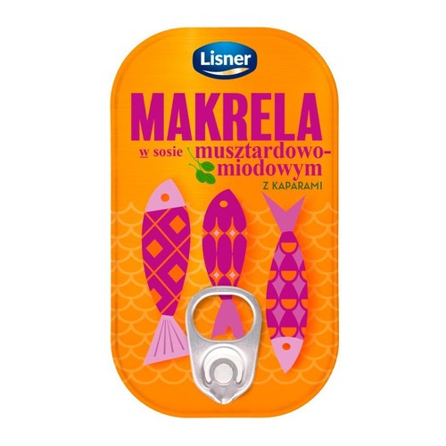 Lisner Makrela w sosie musztardowo-miodowym z kaparami. Pomarańczowa puszka z uchwytem do otwierania i grafiką ryb.