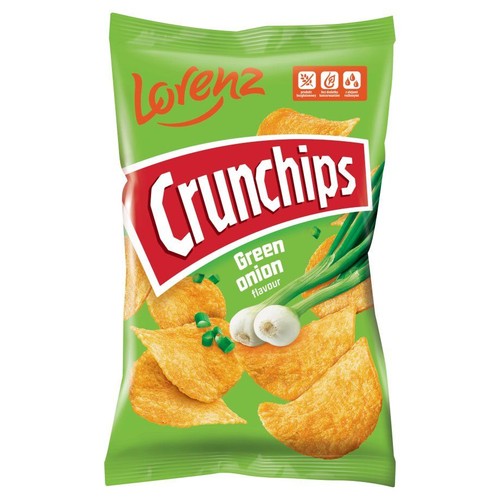Zielona paczka chipsów Lorenz Crunchips o smaku zielonej cebulki. Na opakowaniu grafika chipsów i świeżej cebulki.