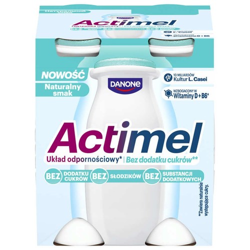 Opakowanie Actimel Naturalny smak. Bez dodatku cukrów, słodzików, substancji dodatkowych. Z witaminami D+B6.