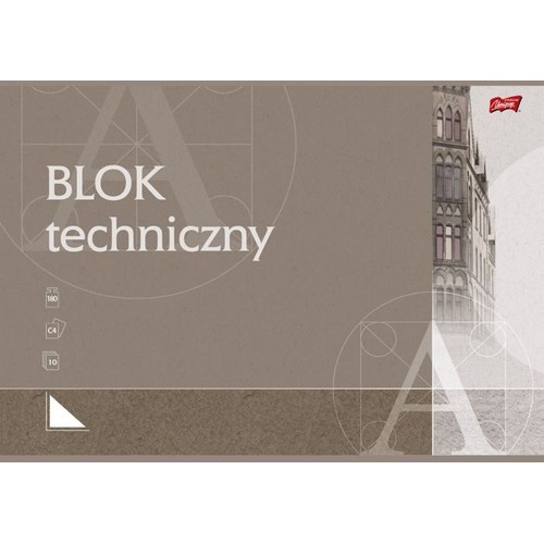 Brązowy blok techniczny Unipap z napisem "BLOK techniczny". Zawiera 10 arkuszy papieru C4 o gramaturze 180 g/m².