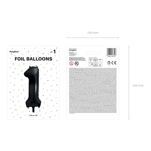 Balon foliowy Cyfra '1' 86cm czarny (1 op. / 1 szt.) PartyDeco 1 sztuka