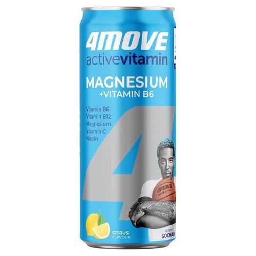 Puszka napoju 4MOVE activevitamin Magnez + Witamina B6 o smaku cytrusowym. Na etykiecie Jeremy Sochan i cytryny.