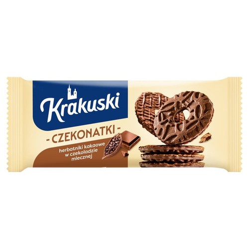 Opakowanie Krakuski Czekonatki, kakaowe herbatniki w czekoladzie mlecznej. Na opakowaniu widoczne ciastka i kawałki czekolady.