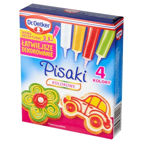 Dr. Oetker Pisaki Kolorowe, zestaw 4 tubek z lukrem. Kolory: biały, żółty, czerwony, zielony. Opakowanie promuje nową recepturę dla łatwiejszego dekorowania. Na froncie pokazano przykładowe ciasteczka w kształcie kwiatka i samochodu.