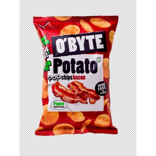 Opakowanie chrupek ziemniaczanych O'BYTE Potato Pop chips o smaku bekonu. Czerwona paczka z dużą białą etykietą, na której widnieje grafika smażonego bekonu i chrupek. Produkt jest typu "popped potato snack".
