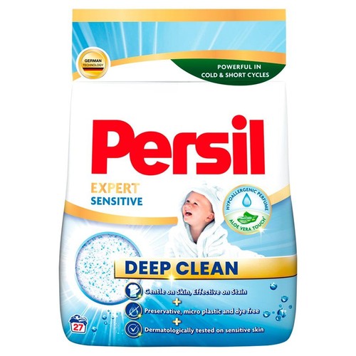 Opakowanie proszku Persil Expert Sensitive Deep Clean. Skuteczny w zimnych cyklach, bez mikroplastiku.