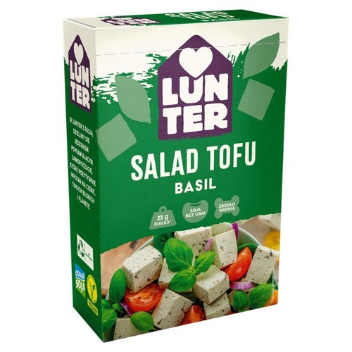 Zielone kartonowe opakowanie LUNTER Tofu Bazyliowego 180g. Na froncie nazwa produktu i zdjęcie kostek tofu z bazylią.