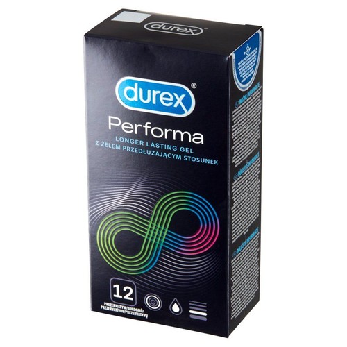 Opakowanie prezerwatyw Durex Performa z żelem opóźniającym. Na pudełku widnieje liczba 12 sztuk.