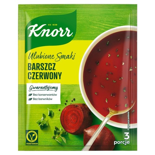 Saszetka Knorr Barszcz Czerwony. Na opakowaniu widnieje grafika miski z barszczem, buraków oraz świeżych ziół. Produkt jest wegetariański, gwarantuje brak konserwantów i barwników. Przeznaczony na 3 porcje.