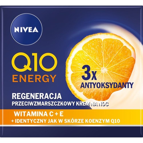 Opakowanie kremu Nivea Q10 Energy przeciwzmarszczkowego na noc. Zawiera witaminę C+E i 3x antyoksydanty.