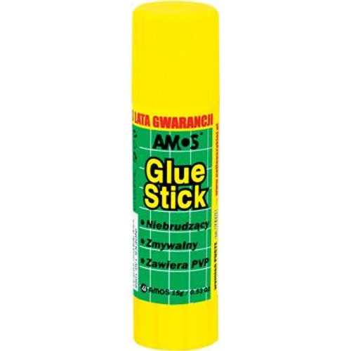 Żółty klej w sztyfcie AMOS Glue Stick o wadze 15g. Opakowanie ma zieloną etykietę z białym wzorem kratki. Na etykiecie widnieje napis "Glue Stick" oraz informacje: niebrudzący, zmywalny, zawiera PVP. Produkt objęty 10-letnią gwarancją.