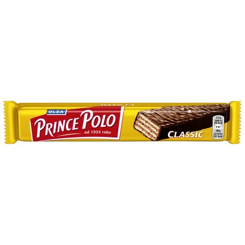 Prince Polo Classic, baton waflowy w jaskrawożółtym opakowaniu z ząbkowanymi brzegami. Na opakowaniu grafika przedstawiająca przekrojony wafel z warstwami i czekoladową polewą. Marka Olza, produkt dostępny od 1955 roku.