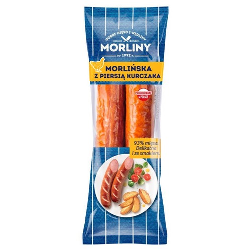 Opakowanie kiełbasy Morlińska z piersią kurczaka Morliny. Produkt zawiera 93% mięsa. Grafika z grillowanymi kiełbasami.