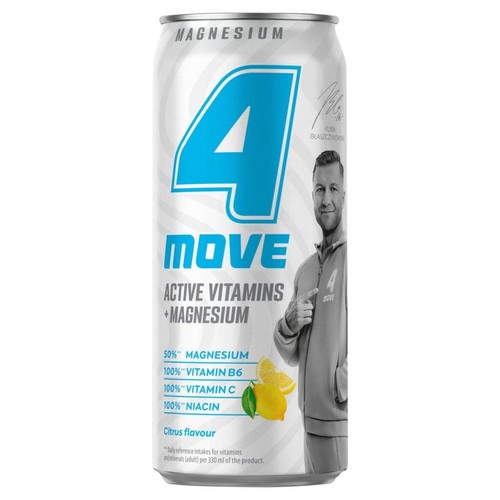 Puszka napoju 4 Move z magnezem i witaminami B6, C, niacyną. Smak cytrusowy, 330 ml. Z grafiką Kuby Błaszczykowskiego.