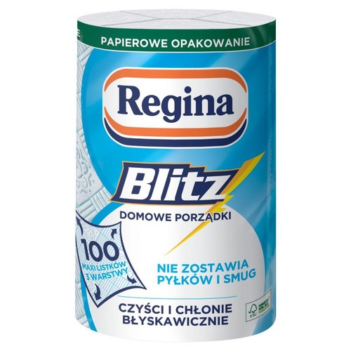 Ręcznik papierowy Regina Blitz Domowe Porządki. 100 listków, 3 warstwy. W papierowym opakowaniu.