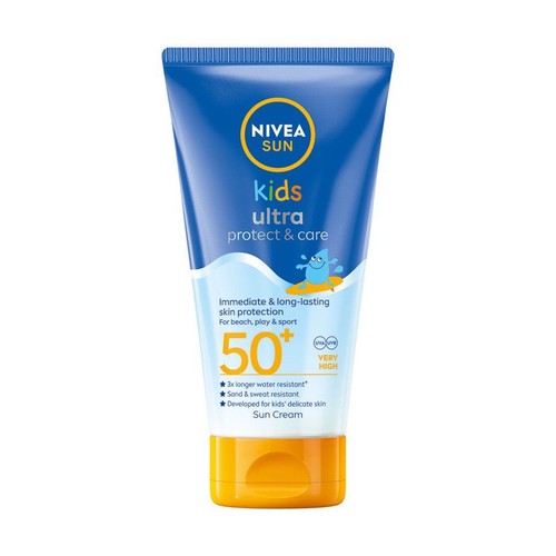 Niebiesko-pomarańczowa tuba kremu przeciwsłonecznego NIVEA SUN Kids SPF 50+ o pojemności 150 ml. Na opakowaniu rysunek niebieskiego stworka.