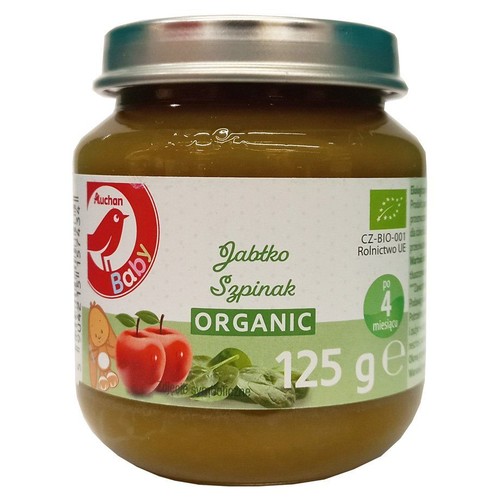 Słoiczek z przecierem dla niemowląt Auchan Baby. Jabłko i szpinak, organiczny, 125g. Odpowiedni po 4 miesiącu.