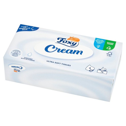 Foxy Cream Ultra Soft Tissues, 76 sztuk, 4 warstwy. Odpowiednie dla skóry wrażliwej.