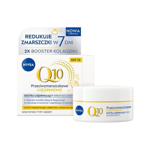 Nivea Q10 Przeciwzmarszczkowe Ujędrnienie, ekstra ujędrniający krem na dzień SPF 15. Nowa formuła redukuje zmarszczki w 7 dni, zawiera 2x booster kolagenu. Głęboko nawilża, regeneruje i zapobiega powstawaniu zmarszczek.