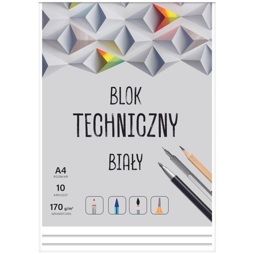 Biały blok techniczny w formacie A4, idealny do rysowania i prac plastycznych. Zawiera 10 arkuszy o wysokiej gramaturze 170 g/m². Na okładce widnieje abstrakcyjny wzór oraz ilustracje ołówków, pisaka i ikonki narzędzi artystycznych.