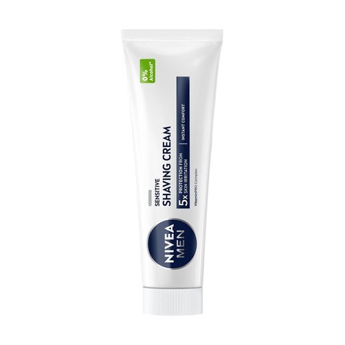 Biała tuba kremu do golenia NIVEA MEN Sensitive z niebieskim logo i napisem "0% Alcohol".