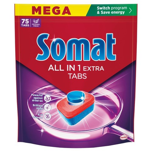 Opakowanie tabletek do zmywarki Somat All in 1 Extra Tabs, 75 sztuk. Czerwono-fioletowa saszetka z napisem MEGA.