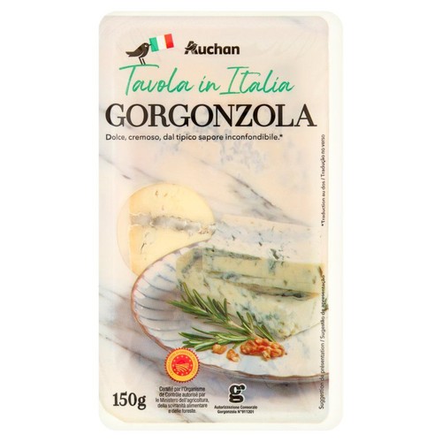 Opakowanie sera Gorgonzola Auchan Tavola in Italia, 150g. Na opakowaniu grafika sera z orzechami i rozmarynem.