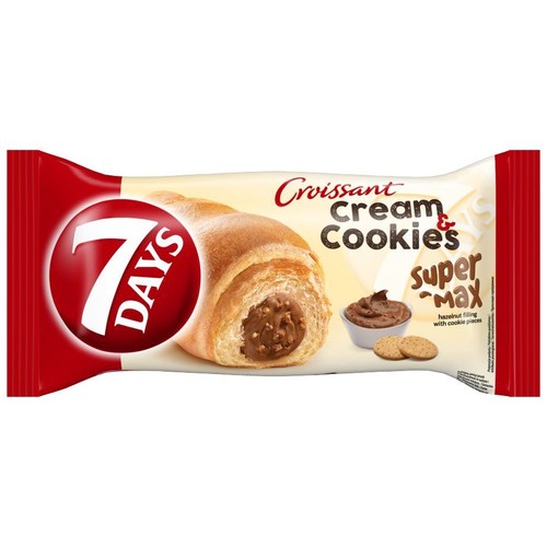 Opakowanie rogalika 7 DAYS Croissant Cream & Cookies Super Max z nadzieniem orzechowym i kawałkami ciastek.