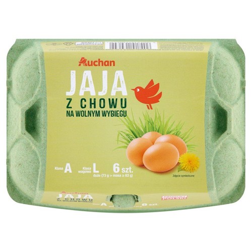 Zielone opakowanie jaj Auchan, 6 sztuk, klasa wagowa L. Jaja z chowu na wolnym wybiegu.