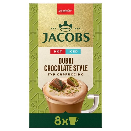 Jacobs Dubai Chocolate Style Cappuccino, 8 porcji. Zielono-złote opakowanie z grafiką kawy z czekoladą i posypką.