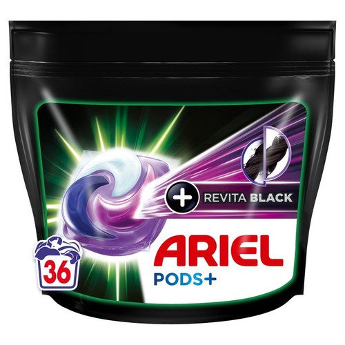 Saszetka Ariel Pods+ Revita Black, 36 kapsułek. Widoczna fioletowa kapsułka i ikona czarnego materiału.