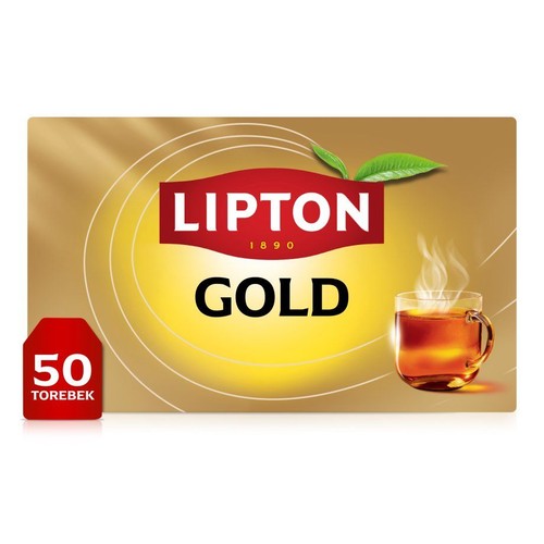Opakowanie herbaty Lipton Gold, 50 torebek. Złote tło, czerwone logo Lipton i grafika parującej filiżanki herbaty.