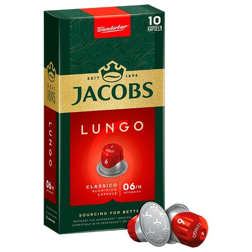 Opakowanie 10 kapsułek kawy Jacobs Lungo Classico, intensywność 6. Do ekspresów Nespresso.