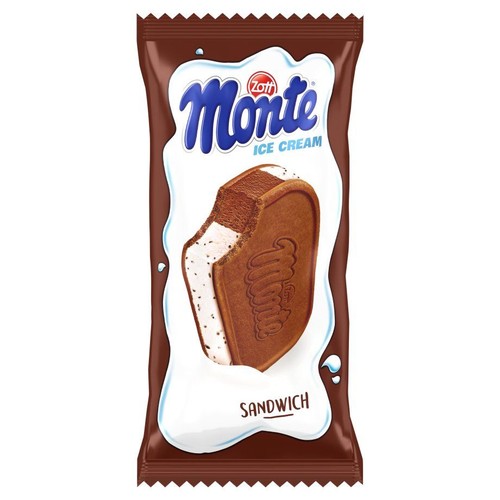 Opakowanie lodów Zott Monte. Na brązowym tle grafika kanapki lodowej z ciemnymi ciastkami i białymi lodami z drobinkami.